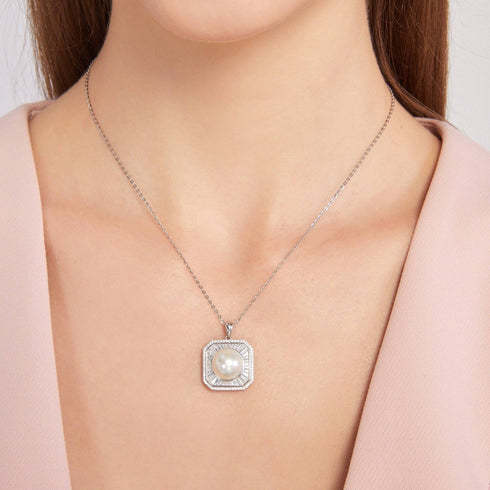11-12mm Freshwater Pearl & Square CZ Pendant Necklace - House Of Pearls